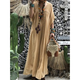 Women Short Sleeve Hollow Out Robe Kaftan Solid Maxi Dress