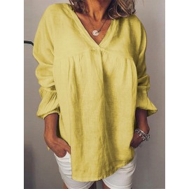 Women Casual Solid Color Loose V-Neck Long Sleeve Blouse