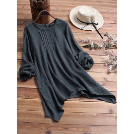 Women Cotton Pure Color Irregular Hem Long Sleeve Blouse