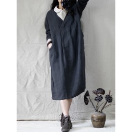 Women Pure Color Cotton Long Sleeve Side Pockets Dress