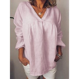 Women Casual Solid Color Loose V-Neck Long Sleeve Blouse