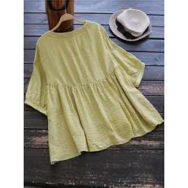 Women Solid Color Half Sleeve -O-Neck Stripe Blouse