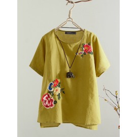 Women Embroidered O-Neck HighLow Hem Short Sleeve Blouse