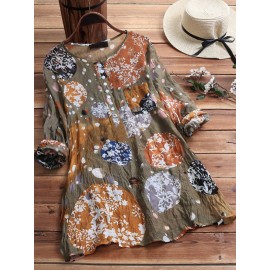 Women Retro Art Print Pleated Long Sleeve Blouse