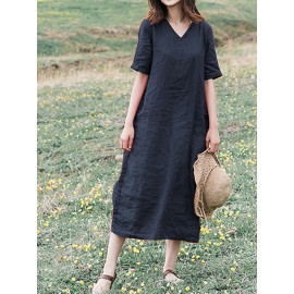 Women Casual Cotton Loose Bandage Midi Dress