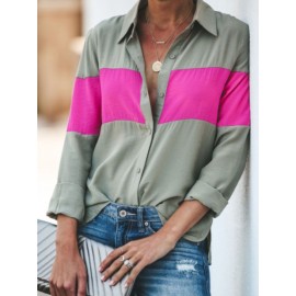 Women Turn Down Collar Patchwork Button Long Sleeve Shirts