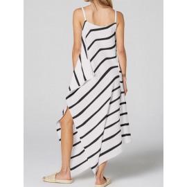 Women Casual Loose Striped Split Hem Strap Dress