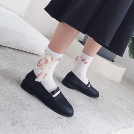 Women Students Casual Combed Cotton Middle Tube Socks With Chiffon Flower Strip