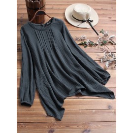 Women Cotton Pure Color Irregular Hem Long Sleeve Blouse