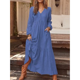 Women Solid Color O-neck Casual Maxi Dress