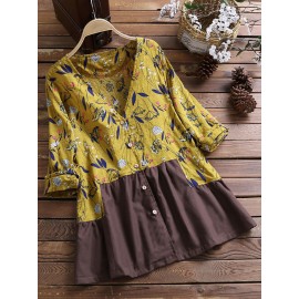 Women Floral Print Patchwork V-Neck Button Blouse