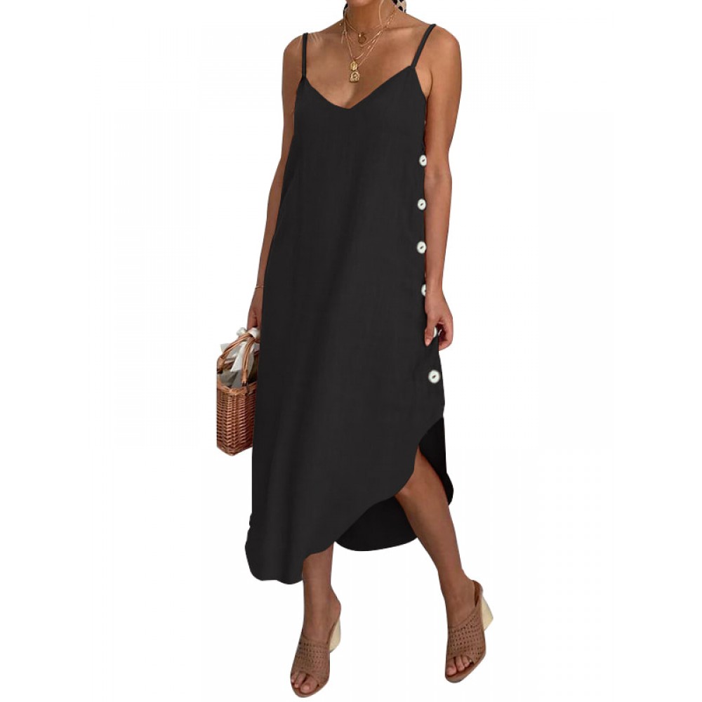 Women Sleeveless Strap V-neck Button Solid Maxi Dress