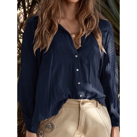 Women Solid Color Lapel Long Sleeve Pleated Shirts with Pockets