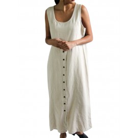 Women Cotton Solid Color O-Neck Button Down Sleeveless Dress