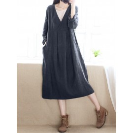 Women Pure Color Cotton Long Sleeve Side Pockets Dress