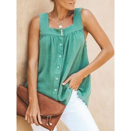 Women Solid Color Button Strap Tank Tops