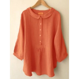 Women Pure Color Linen Button Down 3/4 Sleeve Blouse