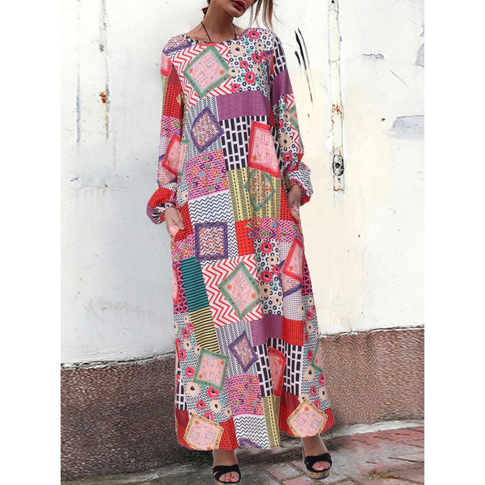 Women Long Sleeve Crew Neck Loose Floral Maxi Dress