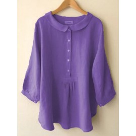 Women Pure Color Linen Button Down 3/4 Sleeve Blouse