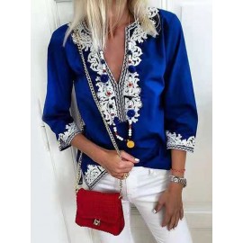 Women Vintage Folk Style V-Neck Short Sleeve Blouse