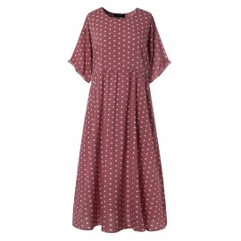 Women Polka Dot Print Short Sleeve O-neck Maxi Dress