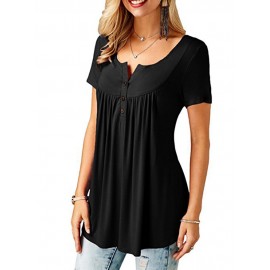 Women Round Neck Short Sleeve Button Up Casual Loose Tops