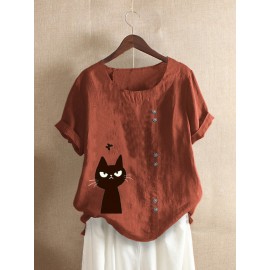 Women Short Sleeve Cat Print Crew Neck Button Casual T-shirts