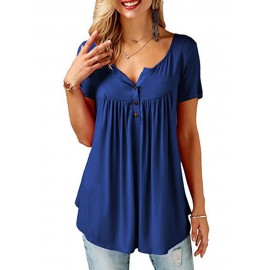 Women Round Neck Short Sleeve Button Up Casual Loose Tops