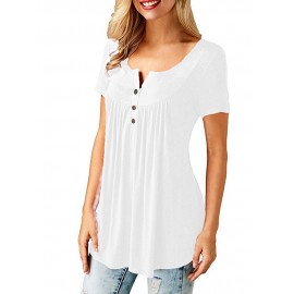 Women Round Neck Short Sleeve Button Up Casual Loose Tops