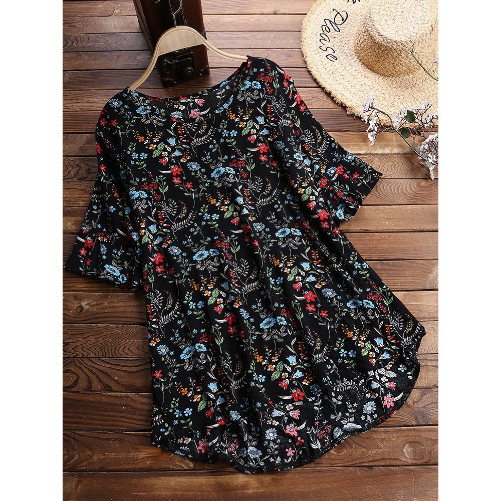 Plus Size M-5XL Women Casual Floral Print Crew Neck Blouse