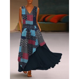 Elegant V Neck Splicing Printed Color Layered Sleeveless Maxi Dress