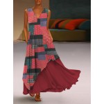 Elegant V Neck Splicing Printed Color Layered Sleeveless Maxi Dress