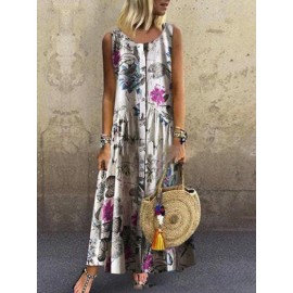 Vintage Sleeveless Floral Print Button O-neck Maxi Dress