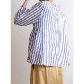 Women Crew Neck 3/4 Sleeve Casual Cotton Striped Blouse