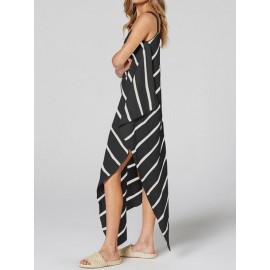 Women Casual Loose Striped Split Hem Strap Dress