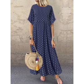 Women Polka Dot Print Short Sleeve O-neck Maxi Dress