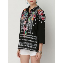 Women Ethnic Embroidery Turn-down Collar Loose Blouse