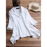 Women Cotton Pure Color Button Down Irregular Hem Blouse