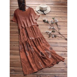 Women Short Sleeve Print Patchwork Maxi Dress