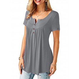 Women Round Neck Short Sleeve Button Up Casual Loose Tops