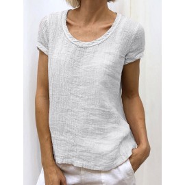 Women Solid Color Short Sleeve Round Neck Pleated Casual T-Shirts