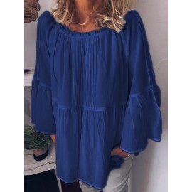 Pure Color Off Shoulder Flare Sleeve Casual Blouse