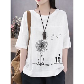 Casual Print Flower Short Sleeve Cotton T-Shirts