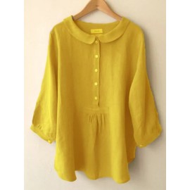 Women Pure Color Linen Button Down 3/4 Sleeve Blouse