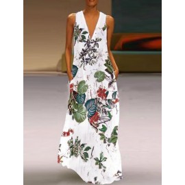 Vintage Women Sleeveless V-neck Side Pocket Floral Long Maxi Dress