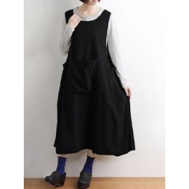 Vintage Women Cotton Sleeveless Casual Solid Pocket Dress