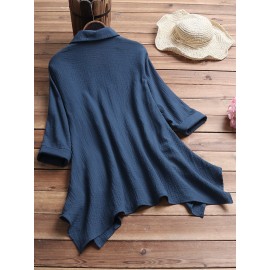 Women Cotton Pure Color Button Down Irregular Hem Blouse