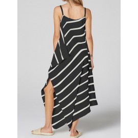 Women Casual Loose Striped Split Hem Strap Dress