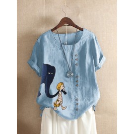 Women Short Sleeve O-neck Cartoon Print Button T-shirts