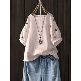 Women Short Sleeve Crew Neck Embroidery Vintage Blouse